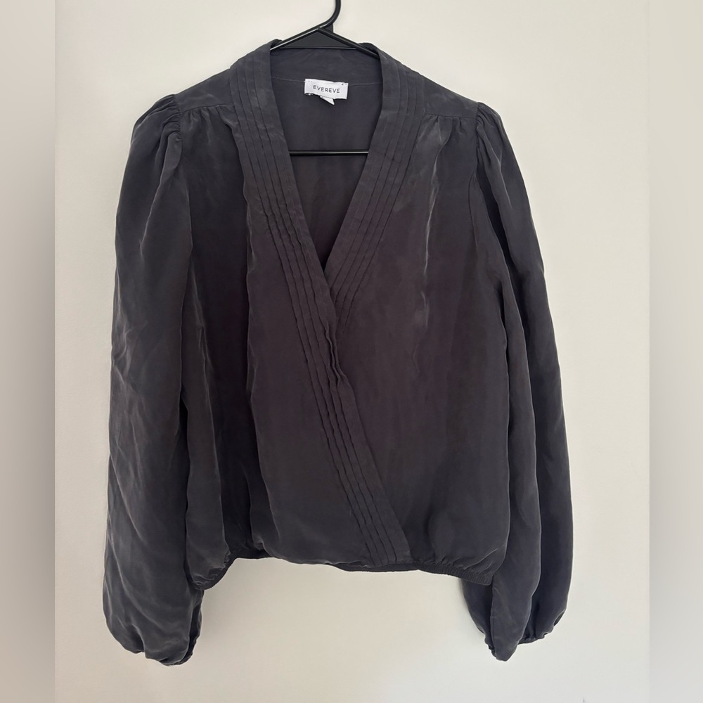 EVEREVE Dark Gray Faux Wrap Long Sleeve Blouse Size Large